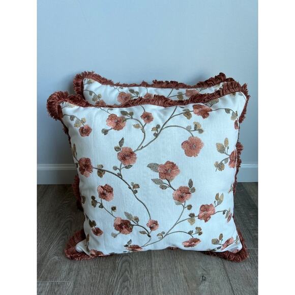 Set of 2 Handmade Embroidered Floral Flower Vine Throw Pillows Fringe Trim - Picture 6 of 6